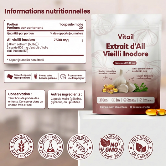 Extrait d’ail vieilli inodore – 7500 mg capsules molles